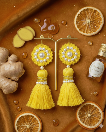 Háčkované  dizajnové náušnice "Medový zázvor"